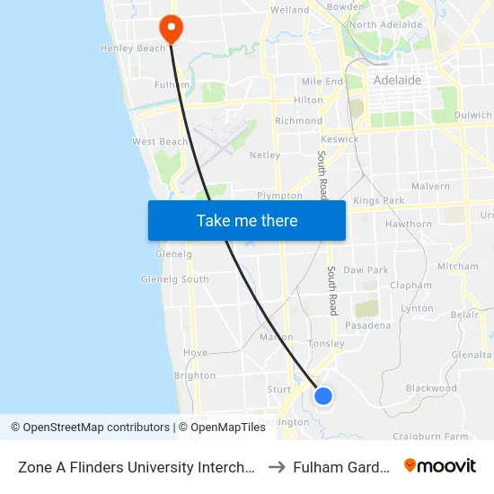 Zone A Flinders University Interchange to Fulham Gardens map