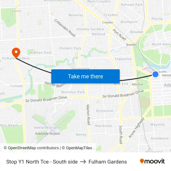 Stop Y1 North Tce - South side to Fulham Gardens map