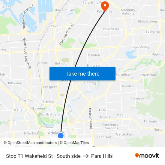 Stop T1 Wakefield St - South side to Para Hills map