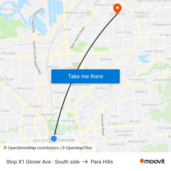 Stop X1 Glover Ave - South side to Para Hills map