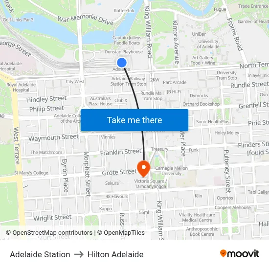 Adelaide Station to Hilton Adelaide map