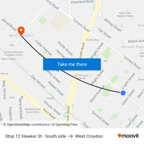 Stop 12 Hawker St - South side to West Croydon map