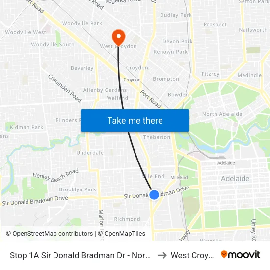 Stop 1A Sir Donald Bradman Dr - North side to West Croydon map