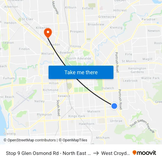 Stop 9 Glen Osmond Rd - North East side to West Croydon map