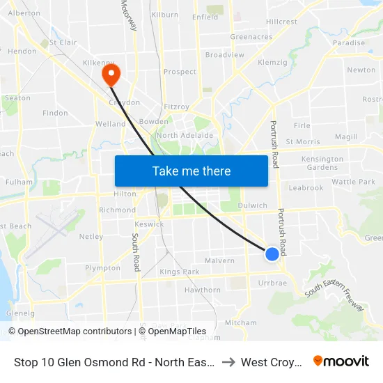 Stop 10 Glen Osmond Rd - North East side to West Croydon map