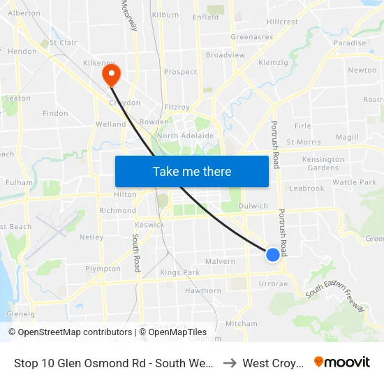 Stop 10 Glen Osmond Rd - South West side to West Croydon map