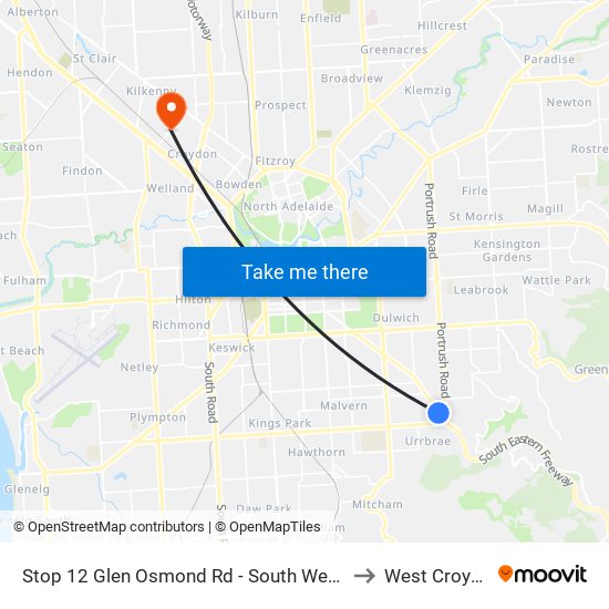 Stop 12 Glen Osmond Rd - South West side to West Croydon map