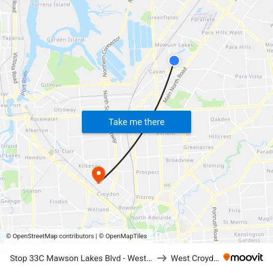 Stop 33C Mawson Lakes Blvd - West side to West Croydon map