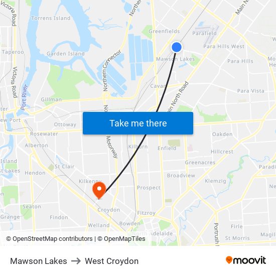 Mawson Lakes to West Croydon map