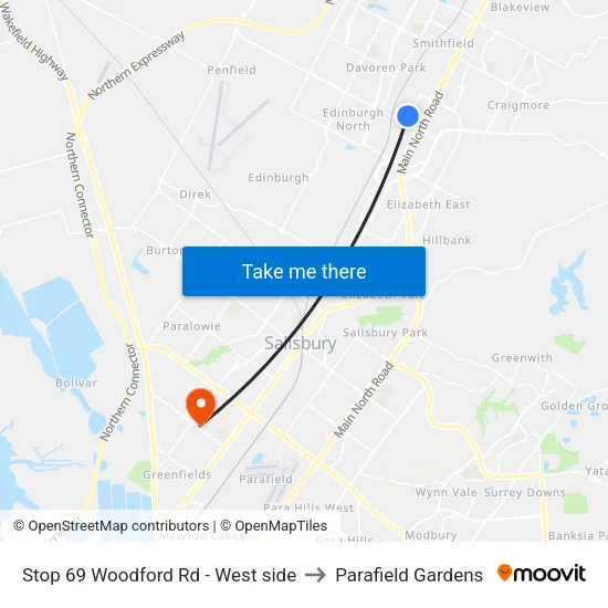 Stop 69 Woodford Rd - West side to Parafield Gardens map