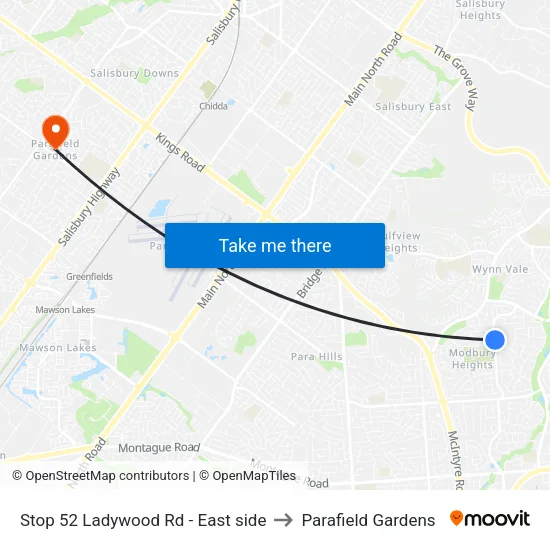 Stop 52 Ladywood Rd - East side to Parafield Gardens map