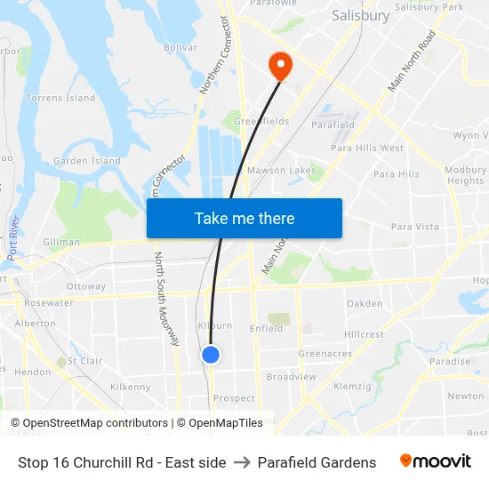 Stop 16 Churchill Rd - East side to Parafield Gardens map