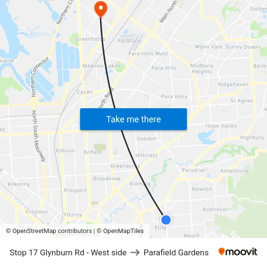 Stop 17 Glynburn Rd - West side to Parafield Gardens map