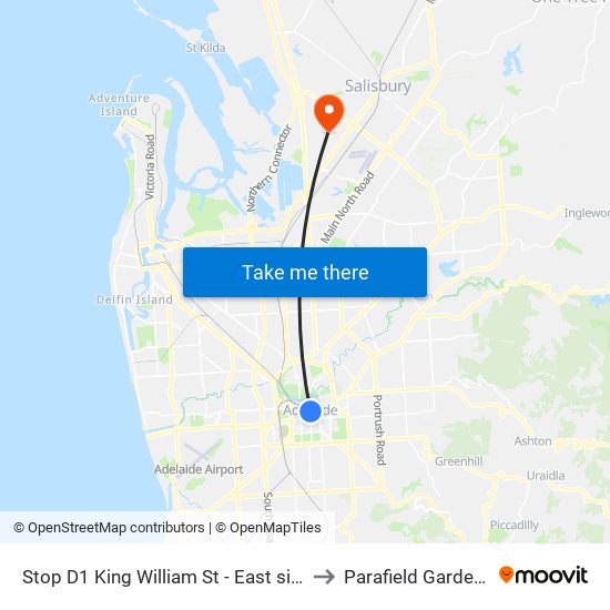 Stop D1 King William St - East side to Parafield Gardens map