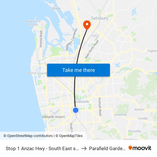 Stop 1 Anzac Hwy - South East side to Parafield Gardens map
