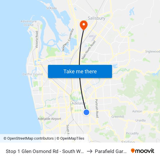 Stop 1 Glen Osmond Rd - South West side to Parafield Gardens map