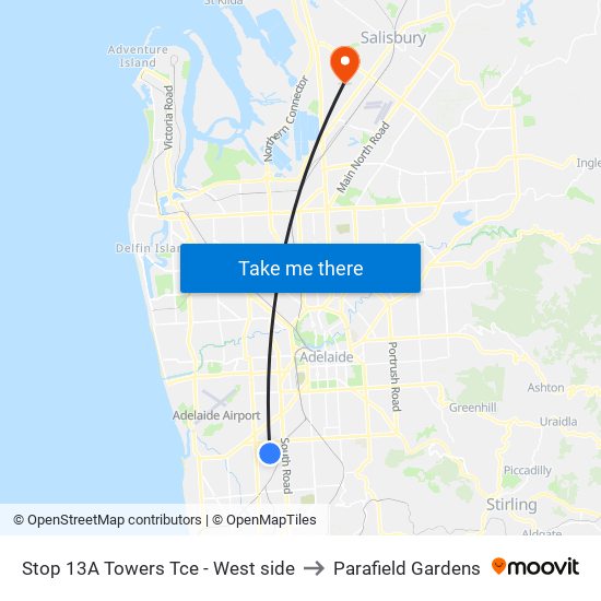 Stop 13A Towers Tce - West side to Parafield Gardens map