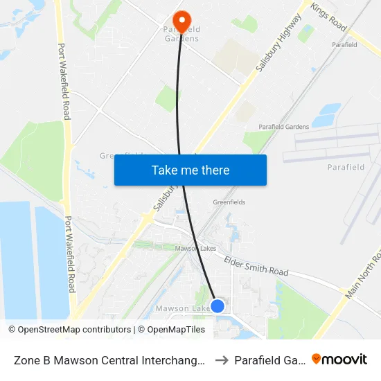 Zone B Mawson Central Interchange - South side to Parafield Gardens map