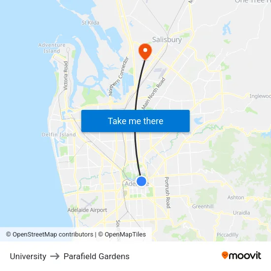 University to Parafield Gardens map
