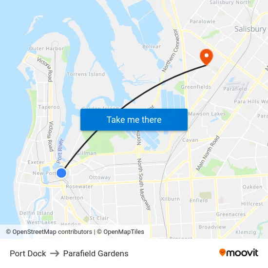 Port Dock to Parafield Gardens map