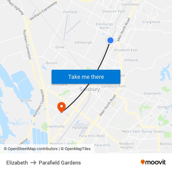 Elizabeth to Parafield Gardens map