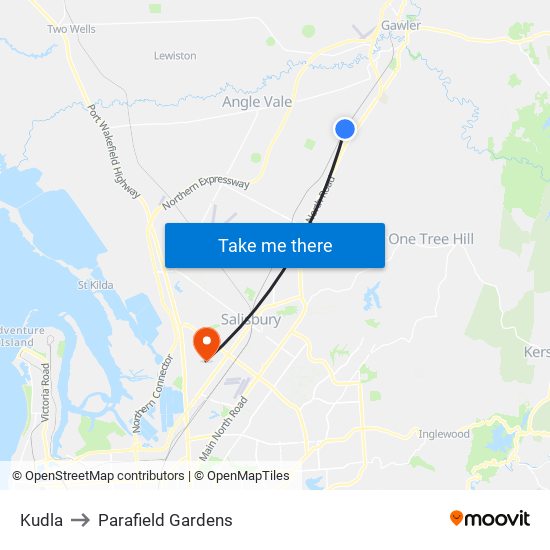 Kudla to Parafield Gardens map