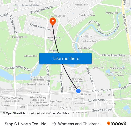 Stop G1 North Tce - North side to Womens and Childrens Hospital map