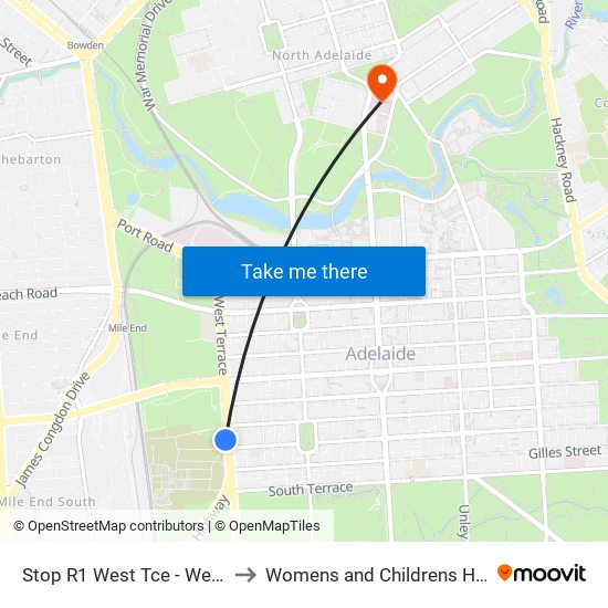 Stop R1 West Tce - West side to Womens and Childrens Hospital map