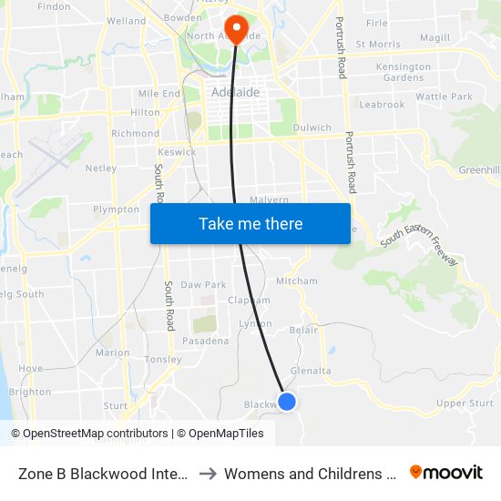 Zone B Blackwood Interchange to Womens and Childrens Hospital map