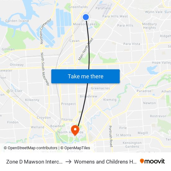 Zone D Mawson Interchange to Womens and Childrens Hospital map