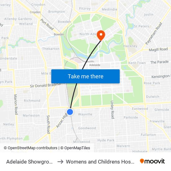 Adelaide Showground to Womens and Childrens Hospital map