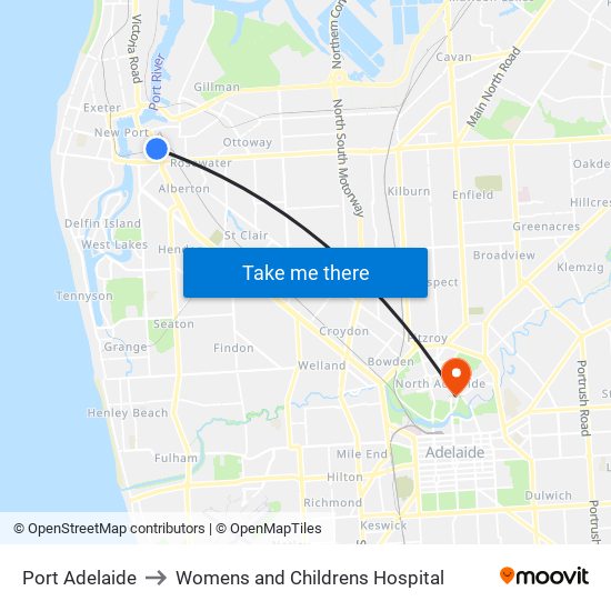 Port Adelaide to Womens and Childrens Hospital map