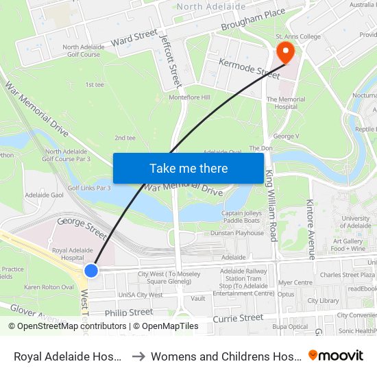 Royal Adelaide Hospital to Womens and Childrens Hospital map