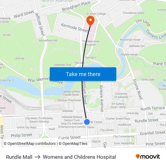 Rundle Mall to Womens and Childrens Hospital map