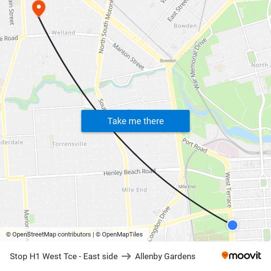 Stop H1 West Tce - East side to Allenby Gardens map