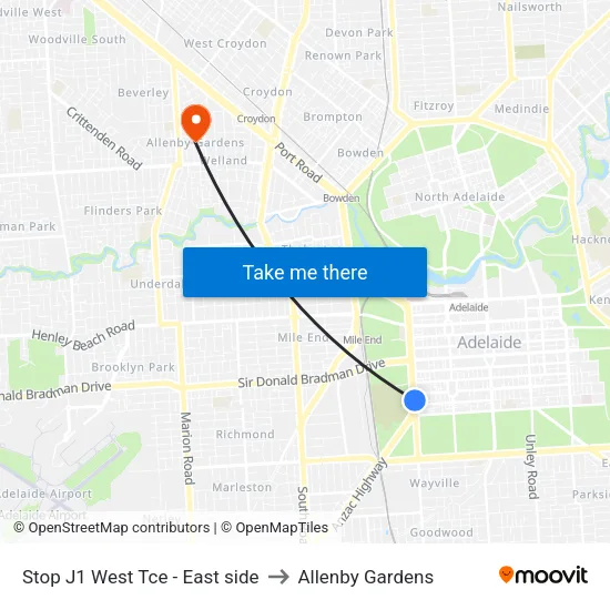 Stop J1 West Tce - East side to Allenby Gardens map