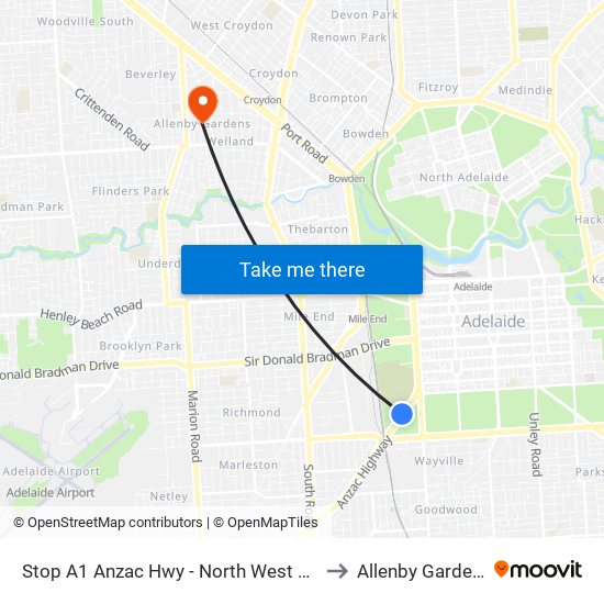 Stop A1 Anzac Hwy - North West side to Allenby Gardens map