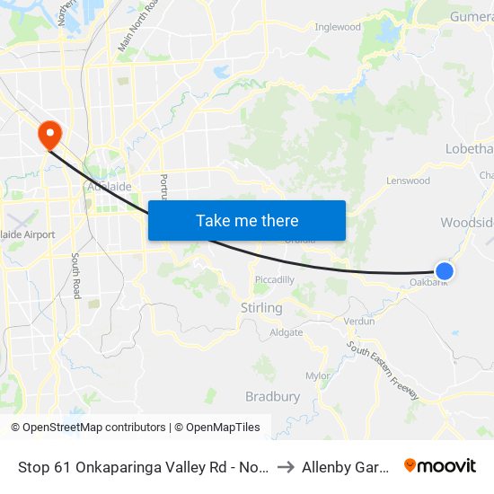 Stop 61 Onkaparinga Valley Rd - North side to Allenby Gardens map