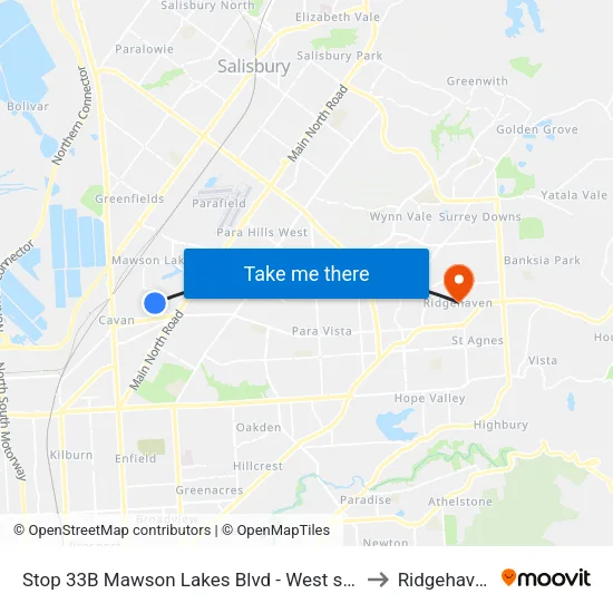Stop 33B Mawson Lakes Blvd - West side to Ridgehaven map
