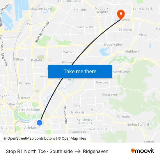 Stop R1 North Tce - South side to Ridgehaven map