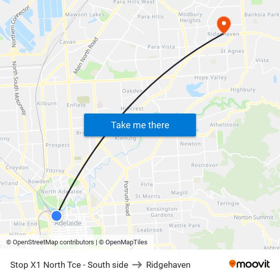 Stop X1 North Tce - South side to Ridgehaven map