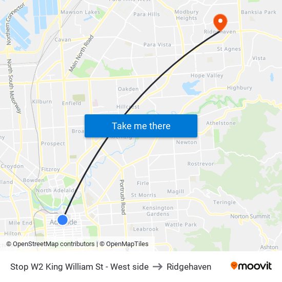 Stop W2 King William St - West side to Ridgehaven map