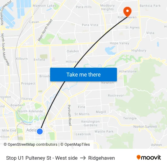 Stop U1 Pulteney St - West side to Ridgehaven map