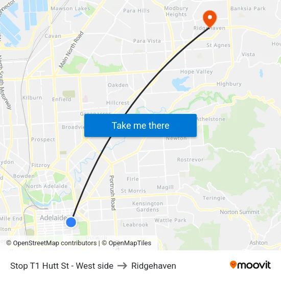 Stop T1 Hutt St - West side to Ridgehaven map