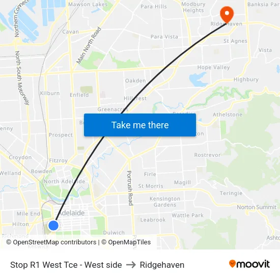 Stop R1 West Tce - West side to Ridgehaven map