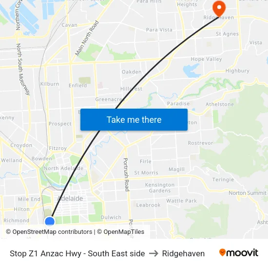 Stop Z1 Anzac Hwy - South East side to Ridgehaven map