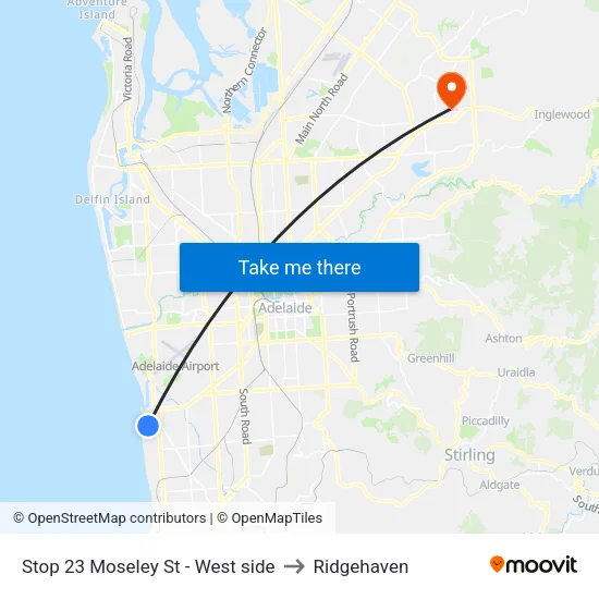 Stop 23 Moseley St - West side to Ridgehaven map