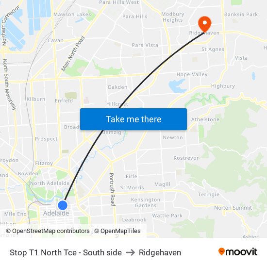 Stop T1 North Tce - South side to Ridgehaven map