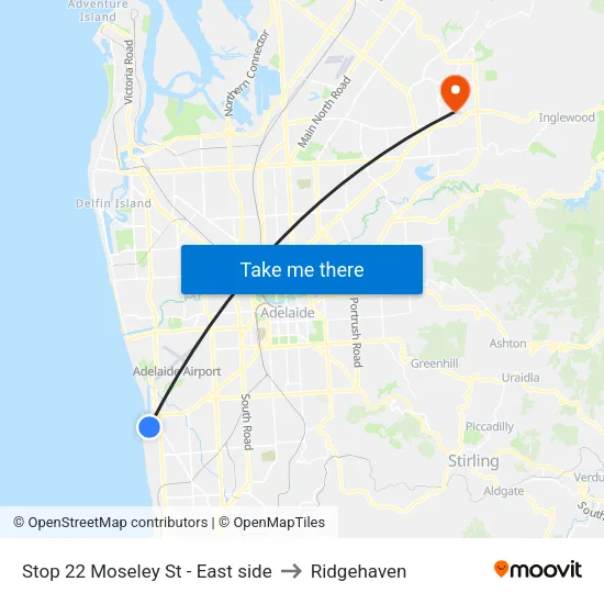 Stop 22 Moseley St - East side to Ridgehaven map