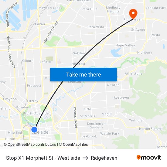 Stop X1 Morphett St - West side to Ridgehaven map